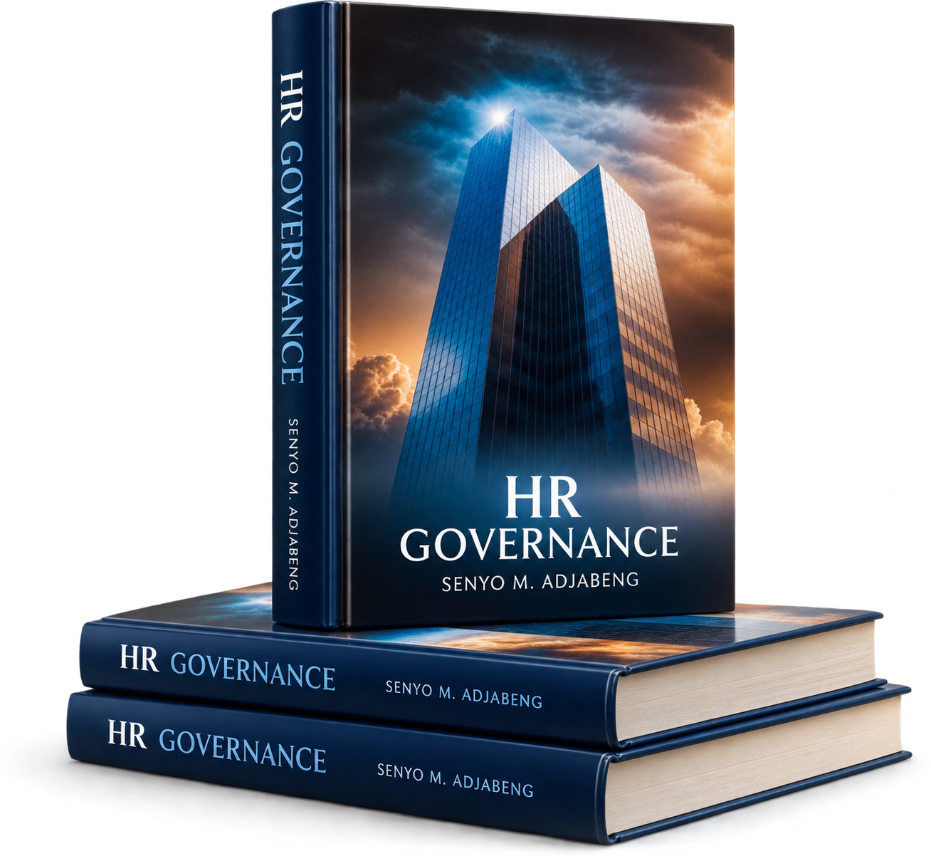 HR Governance hardcover standing on two horizontal copies by Senyo M. Adjabeng